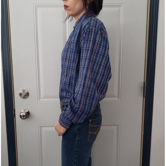 70s Blue‎ and Purple Plaid Button Down Top - Picture 2 of 4